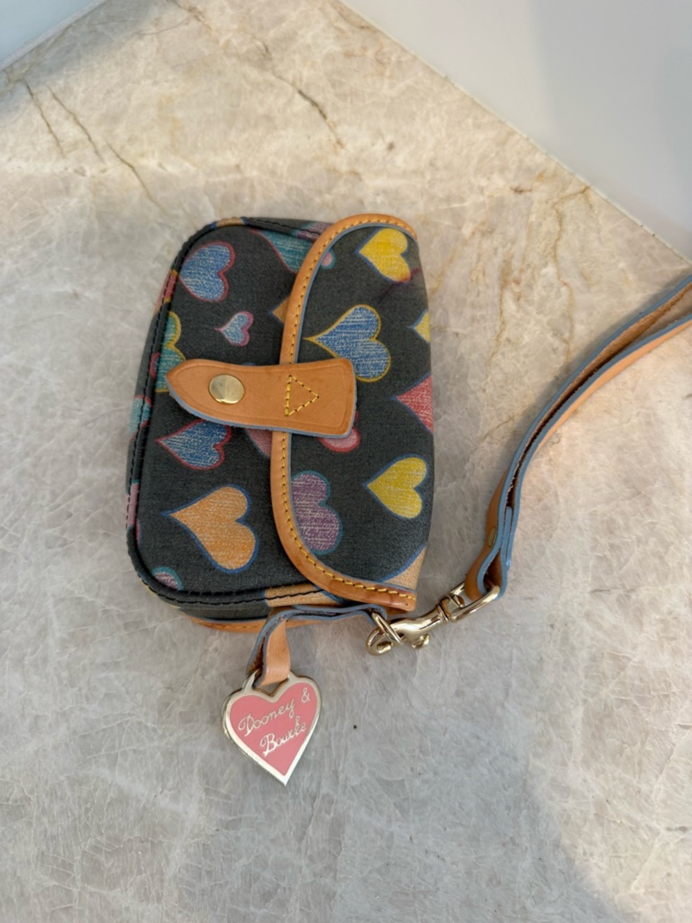 Dooney & Bourke Black Mini Wristlet with Multicolor Hearts